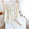 Autumn Crêpe Women's Pajamas - Pure Cotton Double Layer, Floral Lace Trim, Long Sleeve Square Neck Homewear