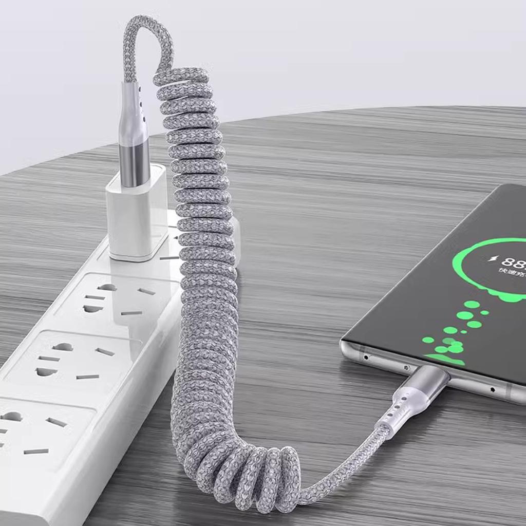 Electronic Accessories 100W 90 Degree Right Angled USB-C Coiled Retractable Data Cable Pure Copper Conductor Braid