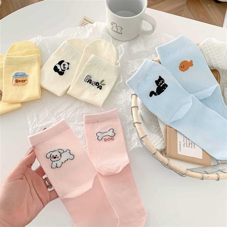 Cute Cartoon Candy Color College Style Socks Trendy A&B Style Mid-tube Socks for Women Soft Breathable Cotton Student Socks