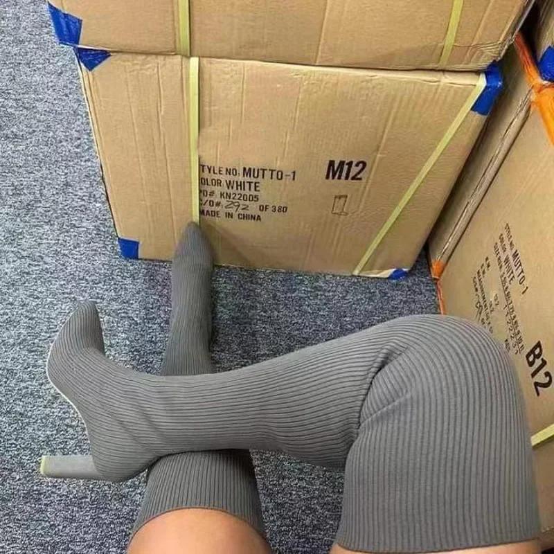 Fashion New Autumn Winter Pointed Thick High-heeled Knitted Over-the-knee Boots Women's Elastic Wool Socks Boots Chaussettes et bottes