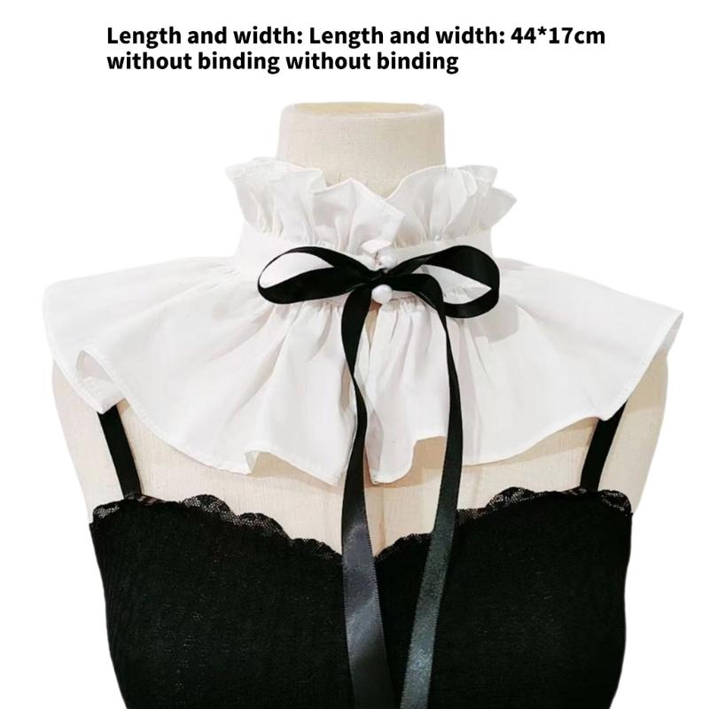 Vintage Ruffle Stand False Collar with Ribbon Tie for Women Victorian Detachable Neck Ruff Decorative Shawl Cape Boleros
