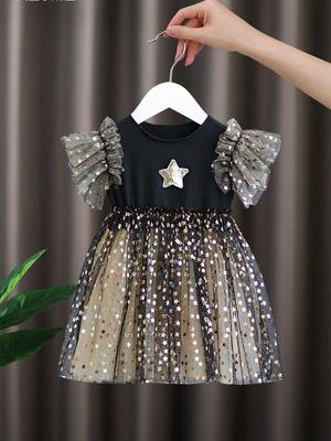 2024 Spring/Summer Girls' Sequin Mesh Princess Dress - Korean-Style Elegant Puffy Skirt