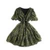 French holiday style sweet floral V-neck bubble sleeve dress women's spring and autumn waist and thin chiffon ruffle skirt