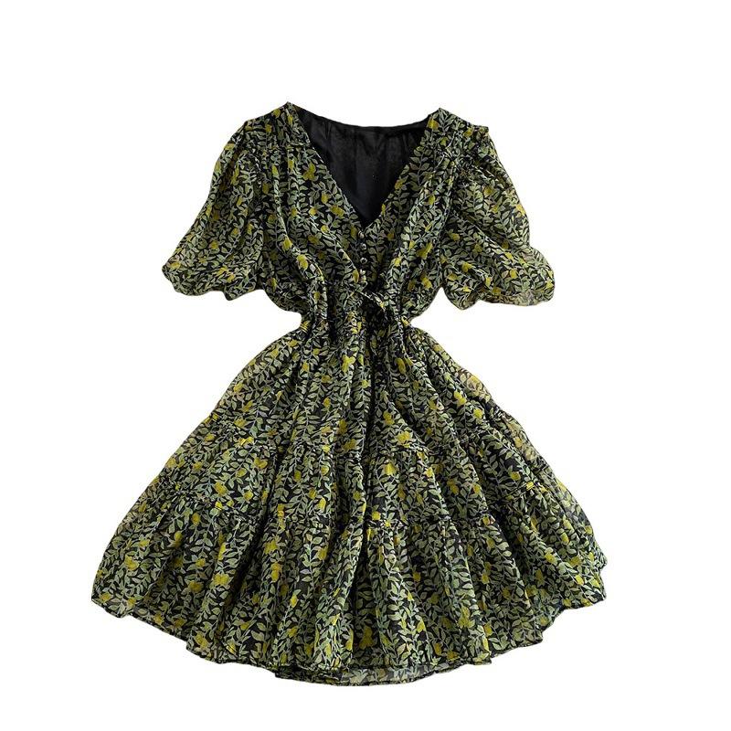 French holiday style sweet floral V-neck bubble sleeve dress women's spring and autumn waist and thin chiffon ruffle skirt