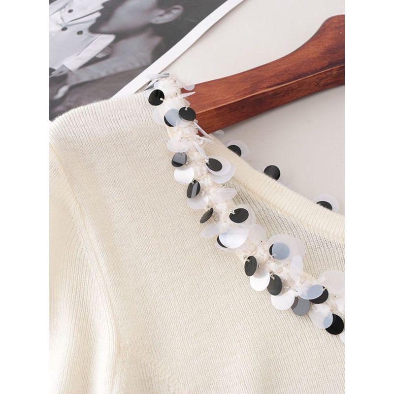 Scale Sequin Large round Neck Long Sleeves Thin Knitwear Six Wool Pure Color Silm Pullover Clavicle Top Women