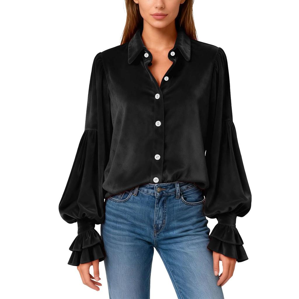Women's Fashionable Casual Gold Velvet Button-down Shirt Long Sleeve