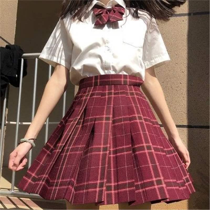 

12-Year-Old Girl s Sailor Style Uniform: Smoke Grey Plaid Skirt & Navy Short Sleeve Top L