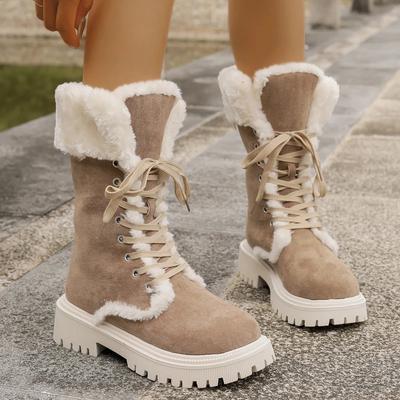 Botas de Tornozelo de Plataforma de Inverno para Mulheres de Pele Sintética Botas de Cano Médio com Cadarço Espessas de Pelúcia Quentes Botas de Neve Algodão Espessado Sapatos Femininos