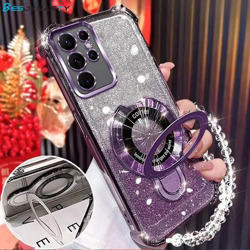 For Samsung Galaxy A17 A07 A56 A16 A26 A36 A06 A15 A25 A35 A55 A05 A14 A24 A34 A54 Glitter Plating Magnetic Holder Bracelet Case