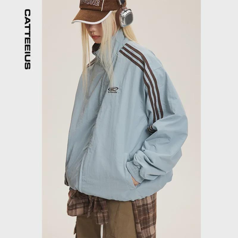 CATTEE Zweifarbige Kontrastjacke mit Stehkragen - Unisex Lässig Frühling/Herbst Lockere Passform