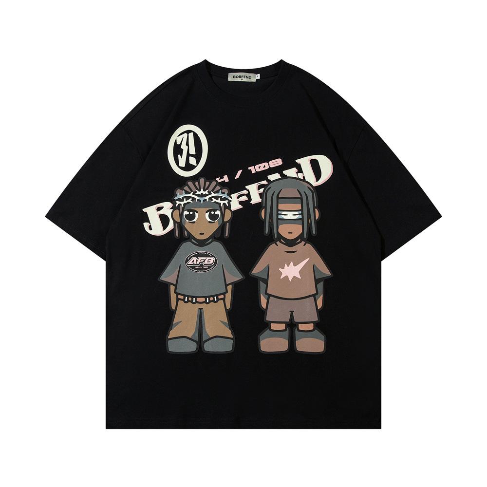 

Футболка с принтом аниме-мультфильма, мужская летняя свободная футболка с короткими рукавами, повседневная футболка из чистого хлопка с двойной пряжой и половиной рукавов, топ, тренд Instagram XXL чёрный