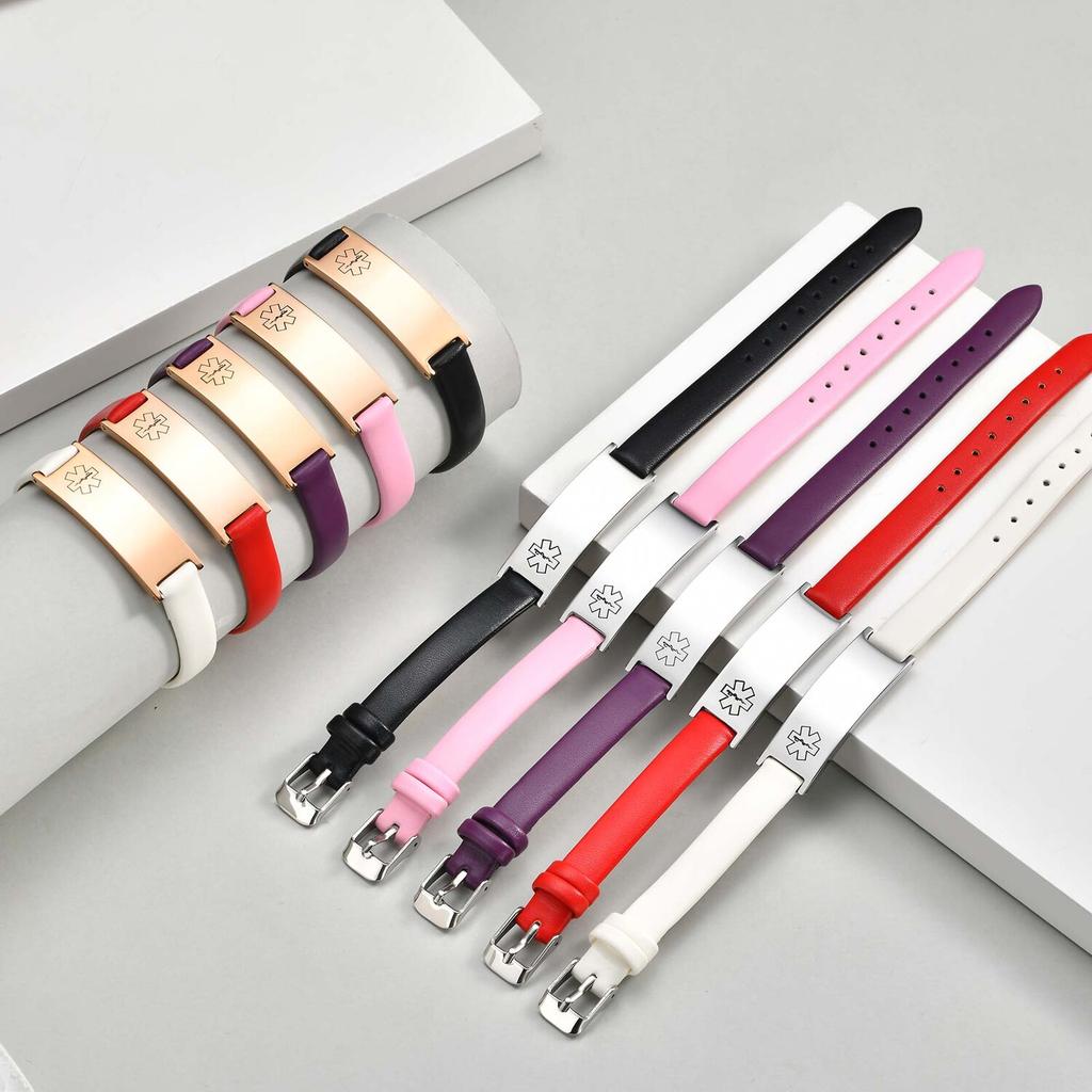 Braccialetto ID di Allerta Medica di Emergenza per Donne, Braccialetti in Vera Pelle con Incisione Gratuita, Gioielli Sportivi Personalizzabili per Diabetici
