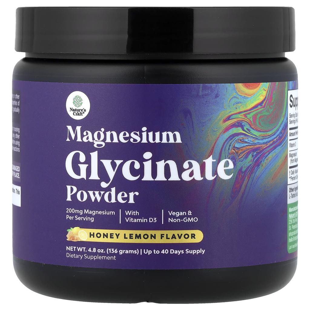 Nature's Craft Glycine Magnesium Powder with Vitamin D3, Honey Lemon, 4.8 Oz (136 G)