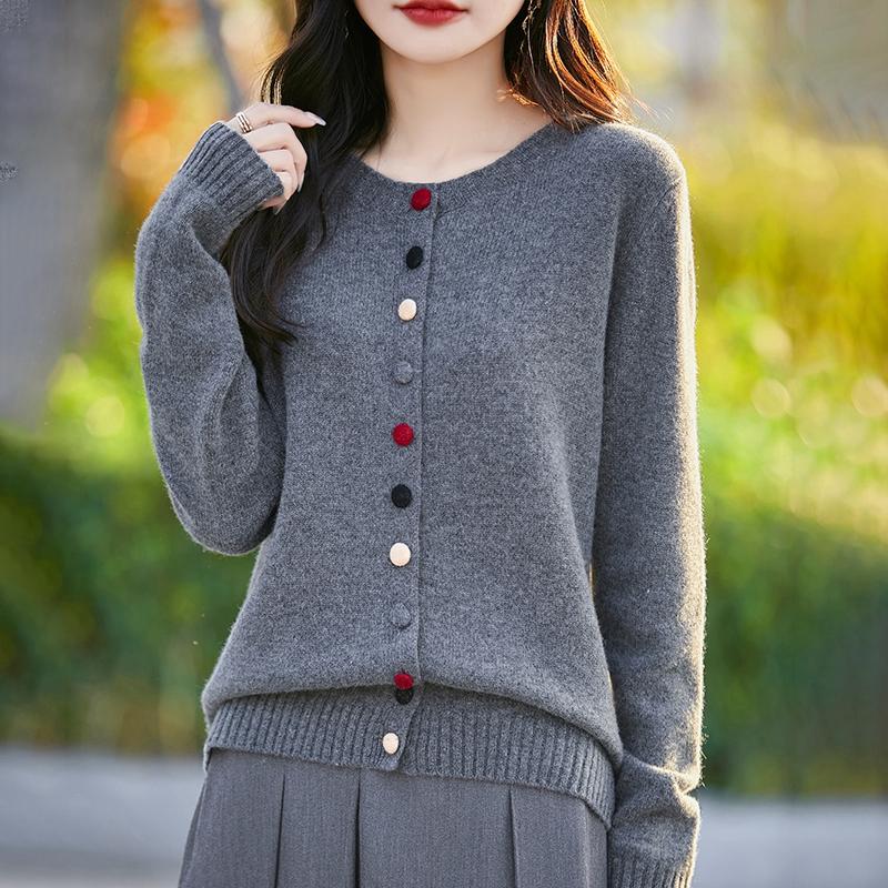 Suéter de cashmere feminino Qinghe cashmere 30% cashmere 70% lã outono e inverno cardigan cashmere macio e quente