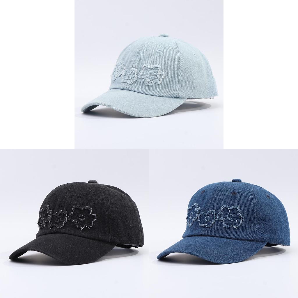 Cotton Denim Baseball Cap With Floral Embroidery For Summer Outdoor Casual Wear