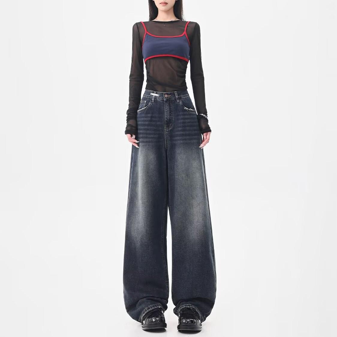 

Women s High-Waisted Black-Grey Wide-Leg Jeans, Autumn 2025 - Loose Fit, Slimming, Retro Straight-Leg Style with Great Drape. S