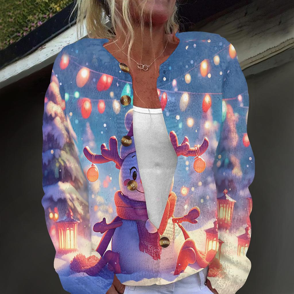 Damenmode, weihnachtlich bedruckt, langärmelig, Strickjacke, Button-Down-Jacke