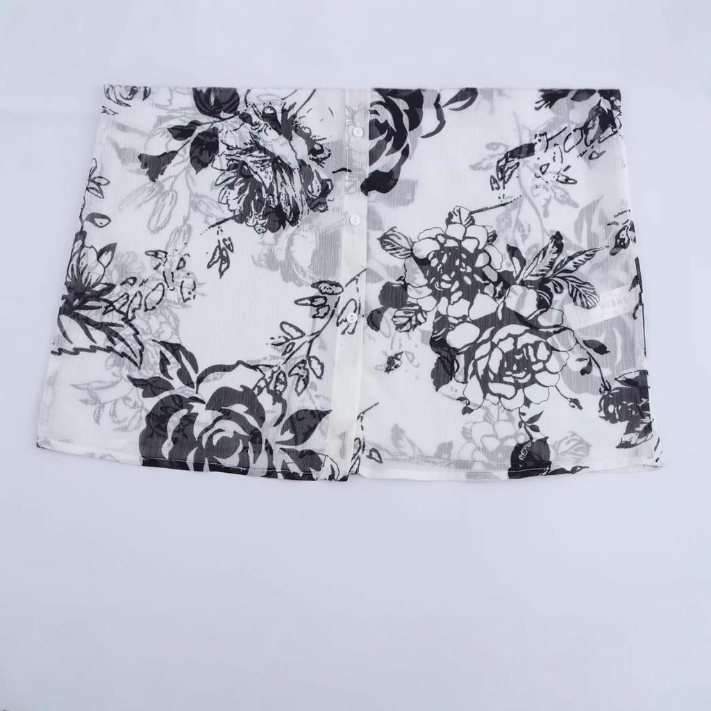 2025 Spring Women's European & American Style Ruffle Trim Printed Chiffon Long Sleeve Shirt