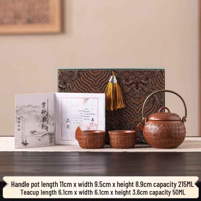 Original Purple Clay Anti-Scald Kung Fu Teapot with Ceramic Handle - Chinese Style Gift Box