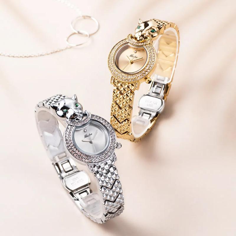 MISSFOX Leopard Bling Diamond Quartz Dámské náramkové hodinky Módní ležérní dámské quartzové zlaté hodinky šperky ženy hodiny