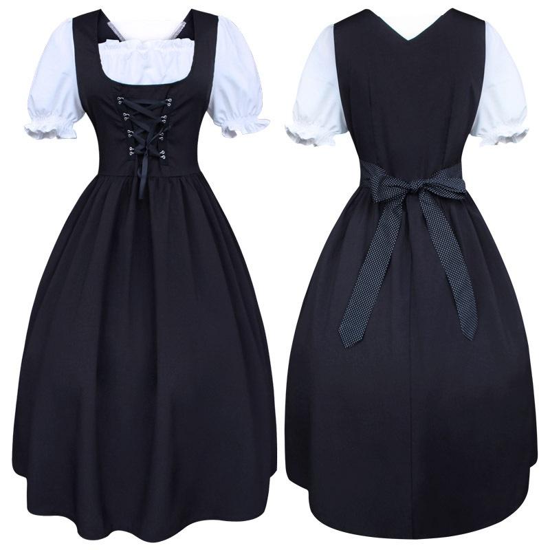 Womens Drawstring Medieval High Waist Bowknot Lace Up Cosplay Dress Costume