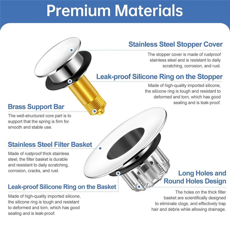 A95I--Up Tub Plug 2-In-1 With Copper Tub For Drain Plug And Hair Catcher, Anti-Clogging Filter Basket For Drain Sink