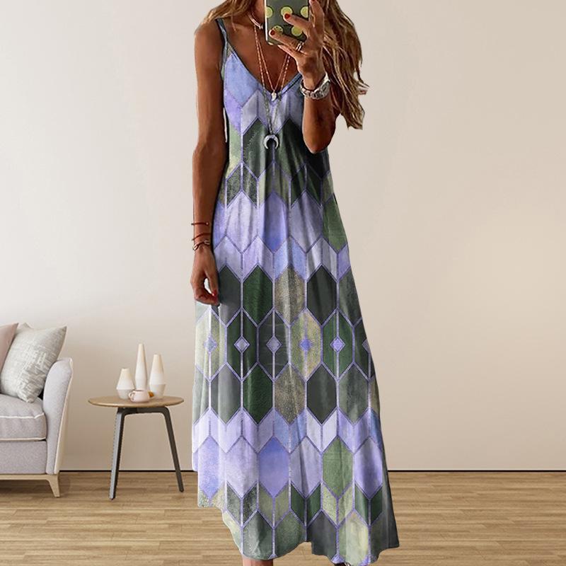 European and American women's clothing summer new fashion casual V-neck suspender dress long dress