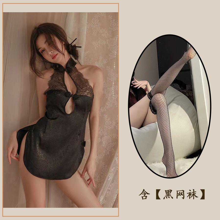 Sex Underwear Retro Sexy Printed Pajamas High Neck Temptation Side Split Nightdress Cheongsam Temptation Hollow Woman