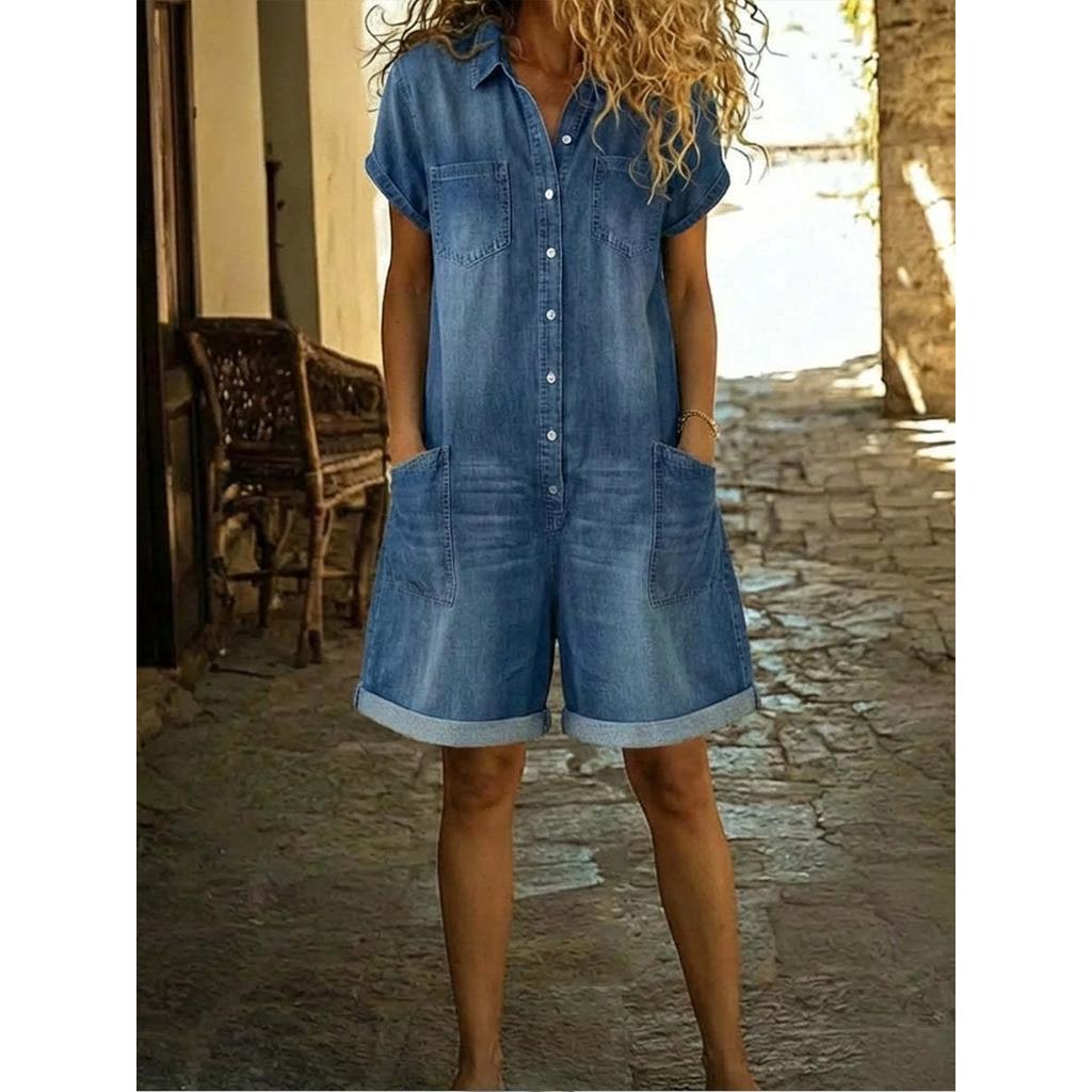 Women's Lapel Short Sleeve Button Down Multi Pocket Cuffed Hem Denim Romper Jumpsuit