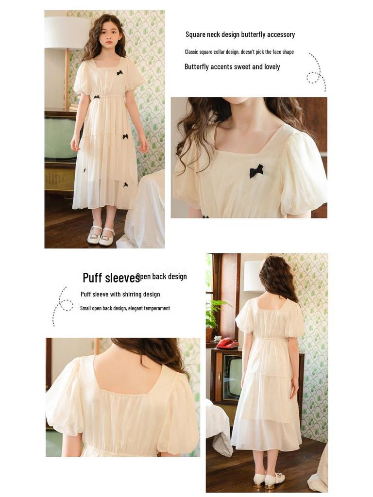 Girls' Chiffon Summer Dress, Short Bubble Sleeves, Long Korean Princess Style 2023.