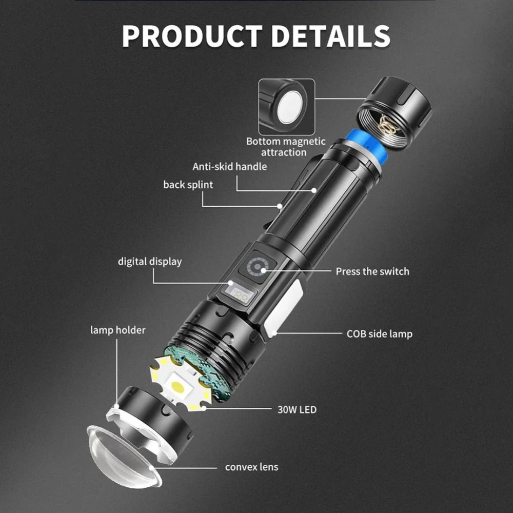 30W Powerful LED Flashlight TYPE-C Charging Ultra Bright Telescopic Zoom Light Handheld Long Range Outdoor Emergency Light