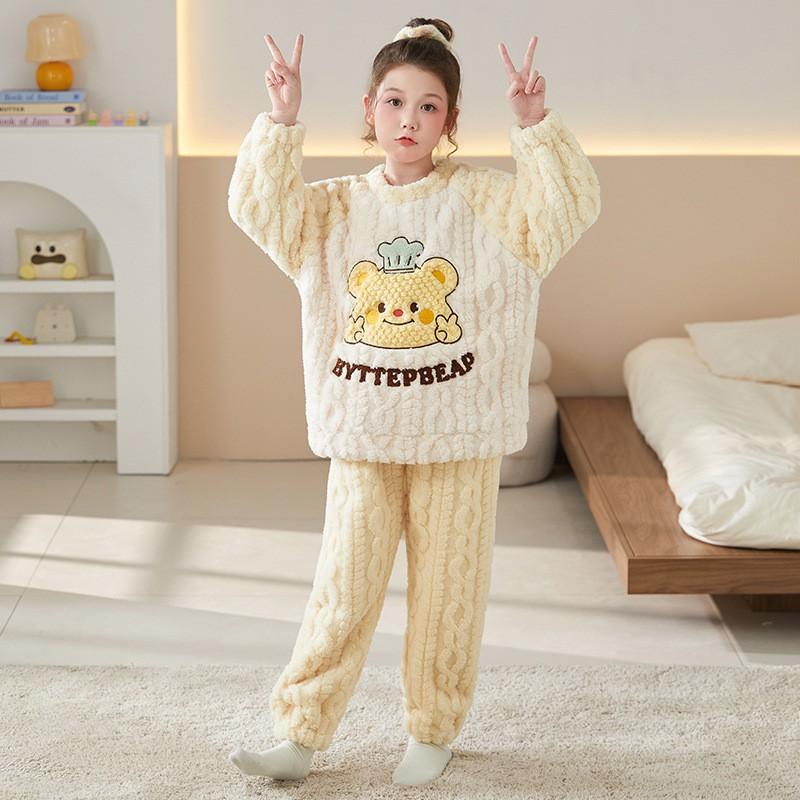 Girls Winter Warm Coral Fleece Pajama Set Long Sleeve Cartoon Print Kids Home Wear Sleepwear Ages 8