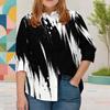 Women Plus Size Collared Neck Long Sleeve Black White Printed Button Front Curved Hem Shirt