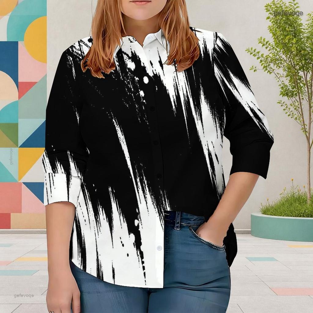 Women Plus Size Collared Neck Long Sleeve Black White Printed Button Front Curved Hem Shirt