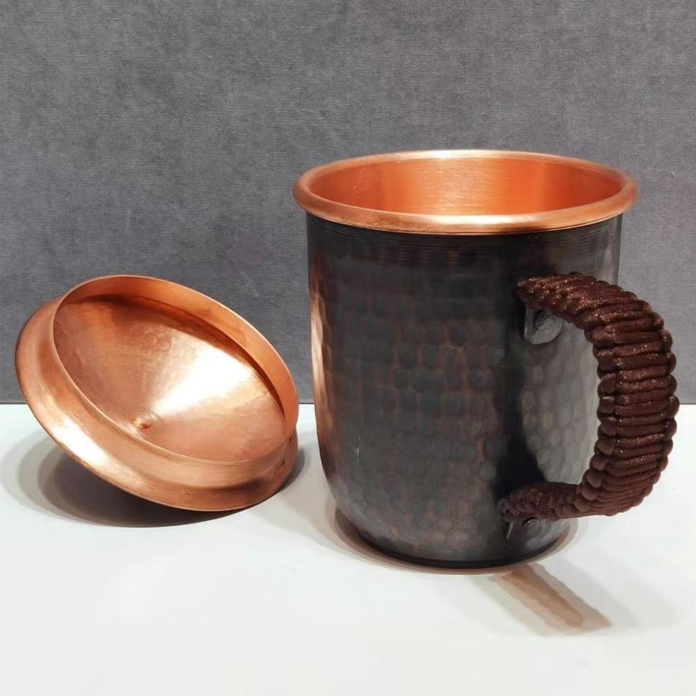 Handcrafted Vintage Copper Coffee Cup,Engraving Hammer Texture With lid 300 ml Milk Tea Beer Mug,Woven Handle Tea Cup Tableware