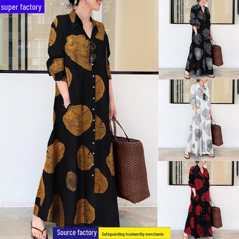 

Women s Plus Size Muslim Cotton Linen Printed Long Sleeve Loose Casual Shirt Dress 3XL жовтий