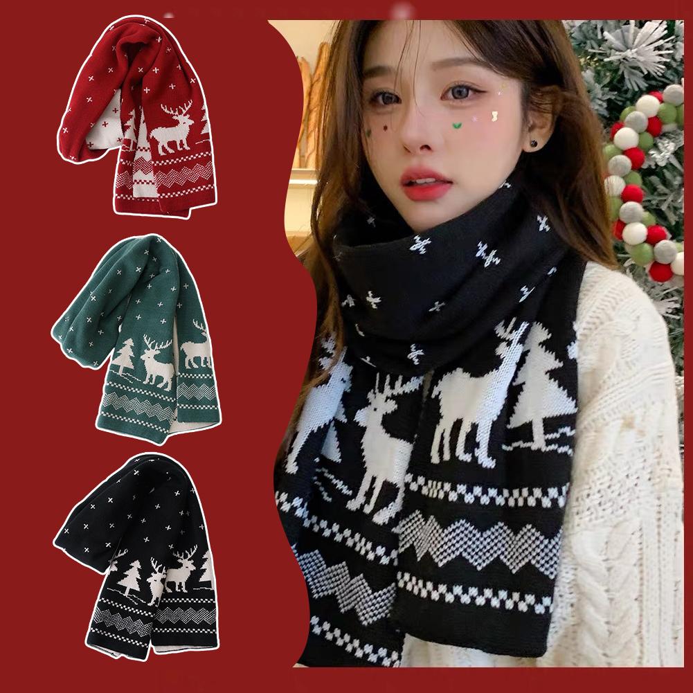 Winter Warm Scarf Deer Elk Double-Sided Knitted Scarves Fashion Versatile Woolen Shawl Girls Christmas Present for Women Men