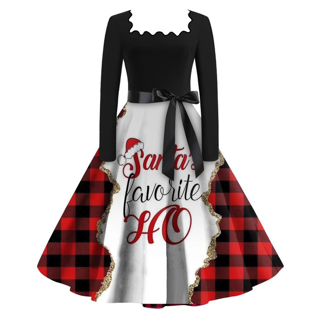 Kvinners mote Firkantet hals Uformell Slim Juletrykt Langermede kjoler