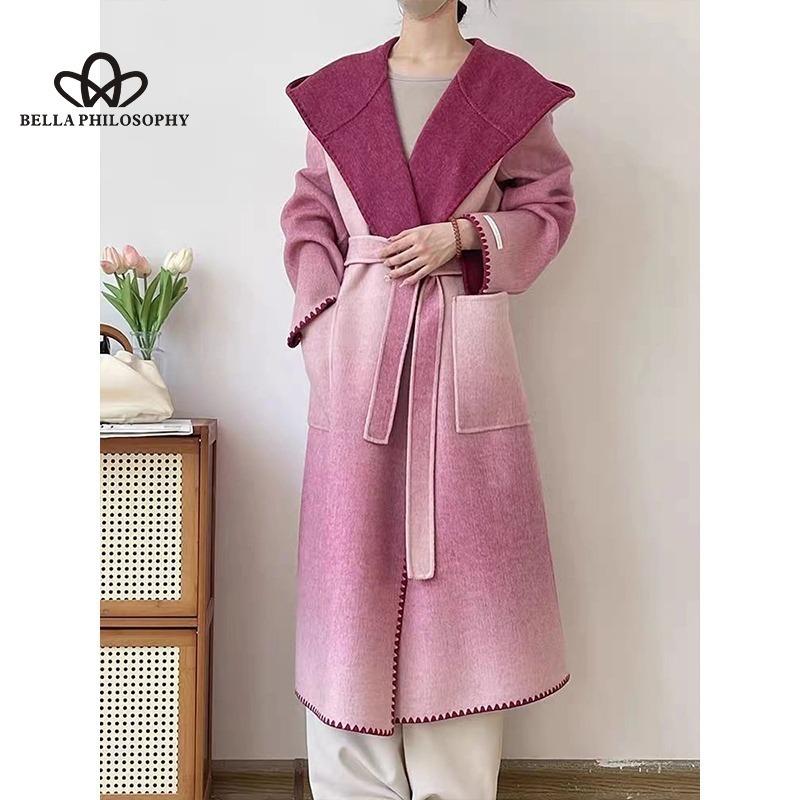 

Градиентный цвет двухстороннее кашемировое пальто женское зимнее новое изделие из шерстяного твидового пальто-накидки средней длины шуба L красный