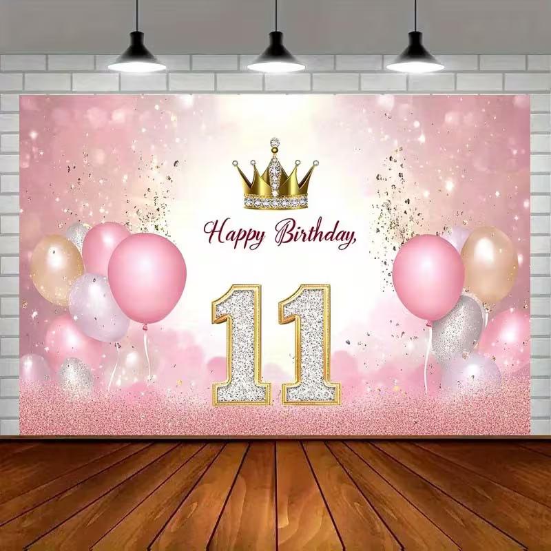 2D Happy 11th Birthday Backdrop Pink Gold Glitter Balloon Banner