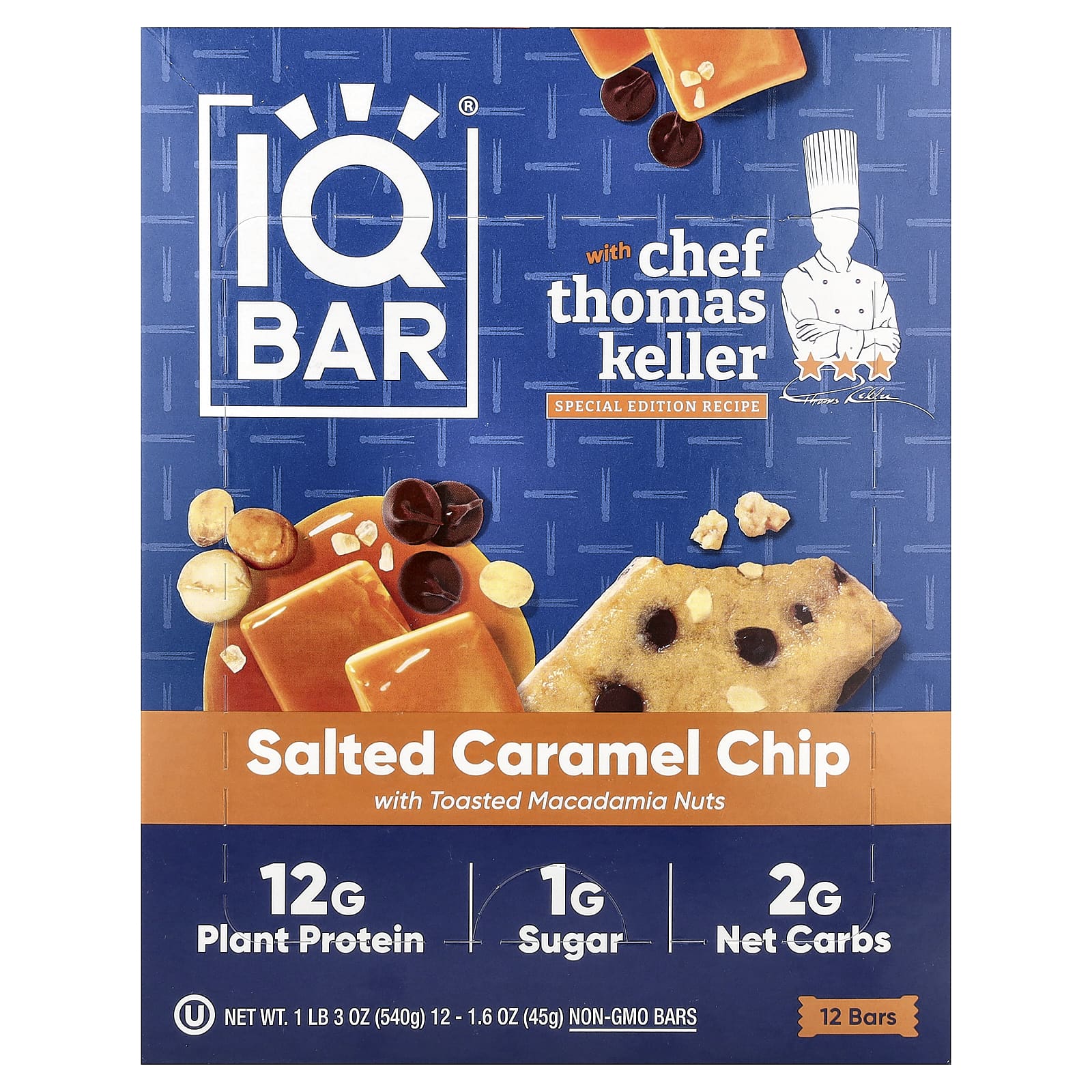 

IQBAR, Plant Protein Bars, Salted Caramel Chips with Roasted Macadamia Nuts, 12 Bars, 45g (1.6oz) Each