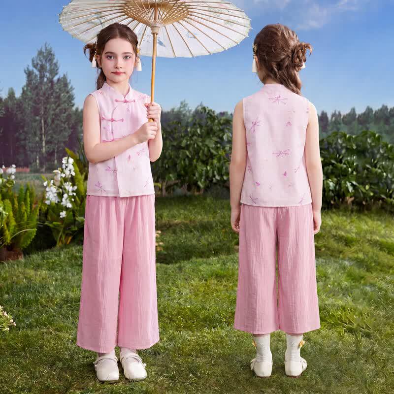 ASK JUNIOR Girls' Chinese Style Cheongsam Top & Wide-Leg Pants Set
