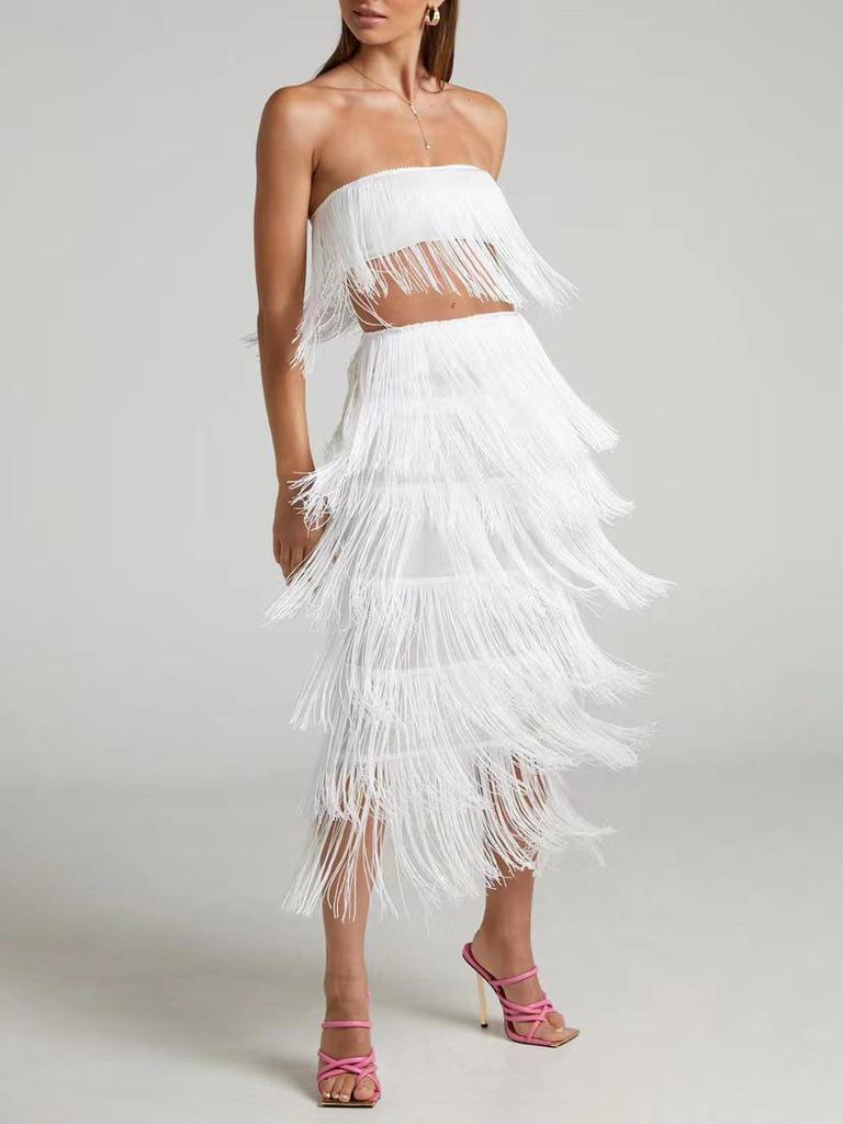2022 One-Shoulder Two-Piece Tube Top and Tassel Long Skirt Set