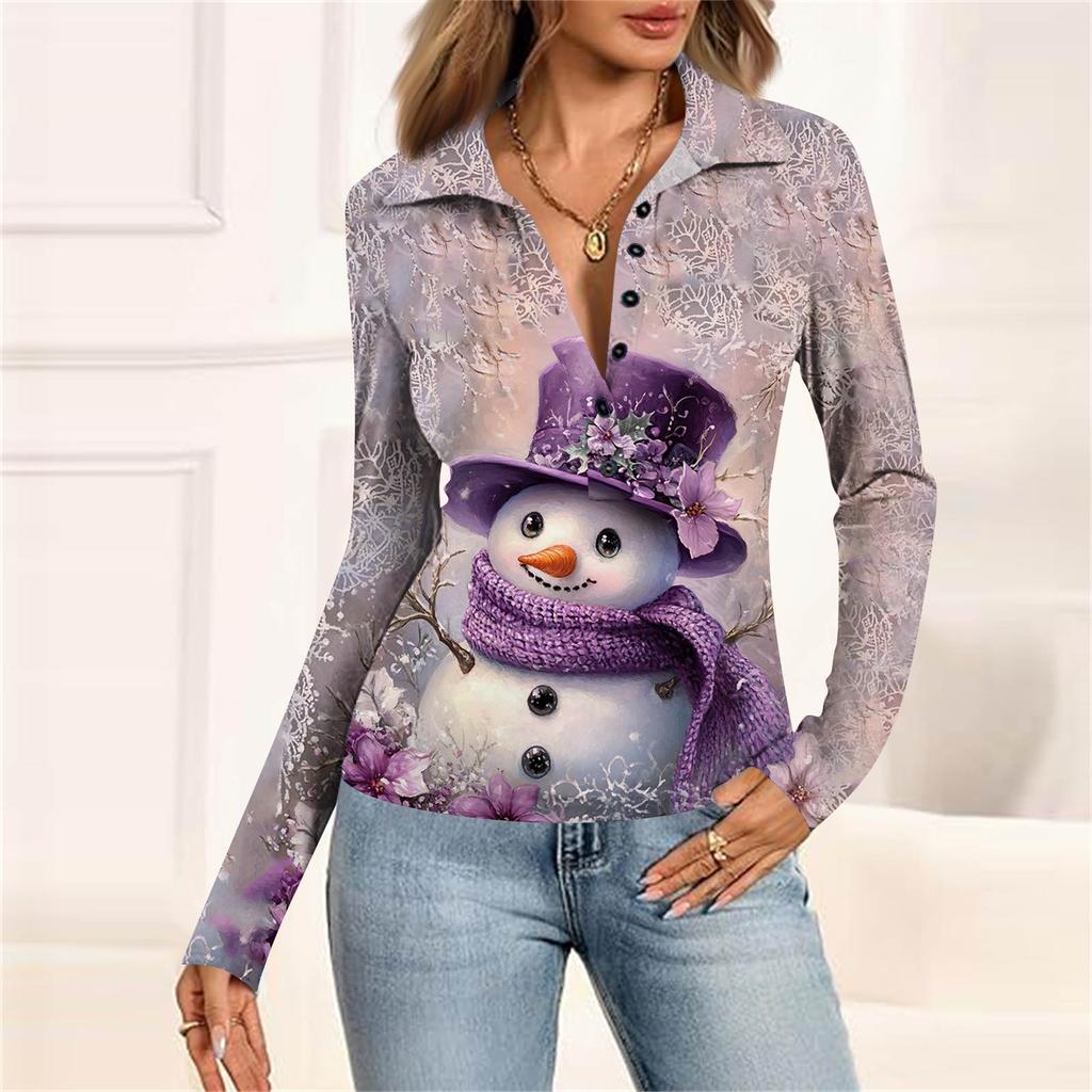 Damenmode Lässig Bedrucktes V-Ausschnitt Langarm Knopfleiste Oberteil