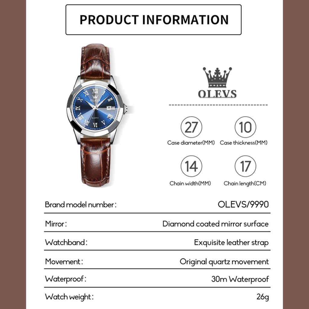 OLEVS Waterproof Watch with Leather Roman Alphabet Date Stylish Quartz Luminous Analog Small Popular Gift for Business Blue Lightweight Leather Watch