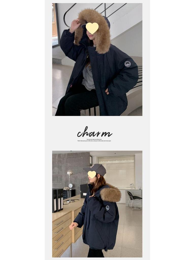 Women's 2025 Winter Thickened American Style Fur Collar Workwear Parka Jacket