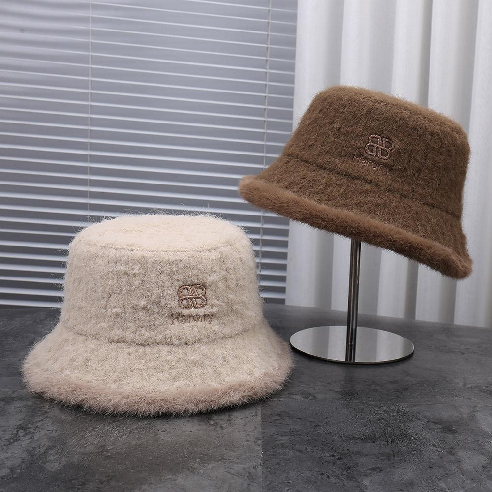 New fashion plush woolen imitation mink bucket hat women's autumn and winter versatile show small face warm bucket basin hat