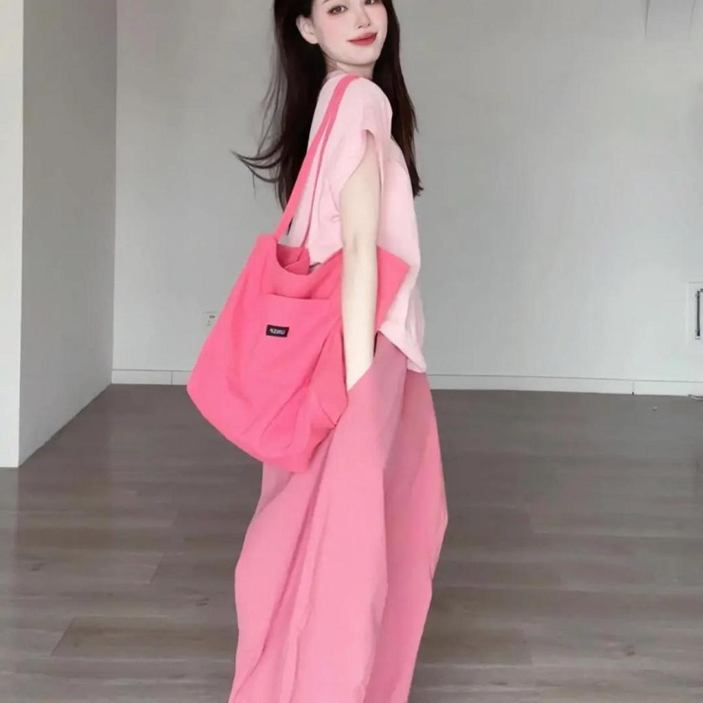 Pink Summer Dopamine Two-Piece Set: Stylish Short-Sleeve T-Shirt and Wide-Leg Pants for Petites