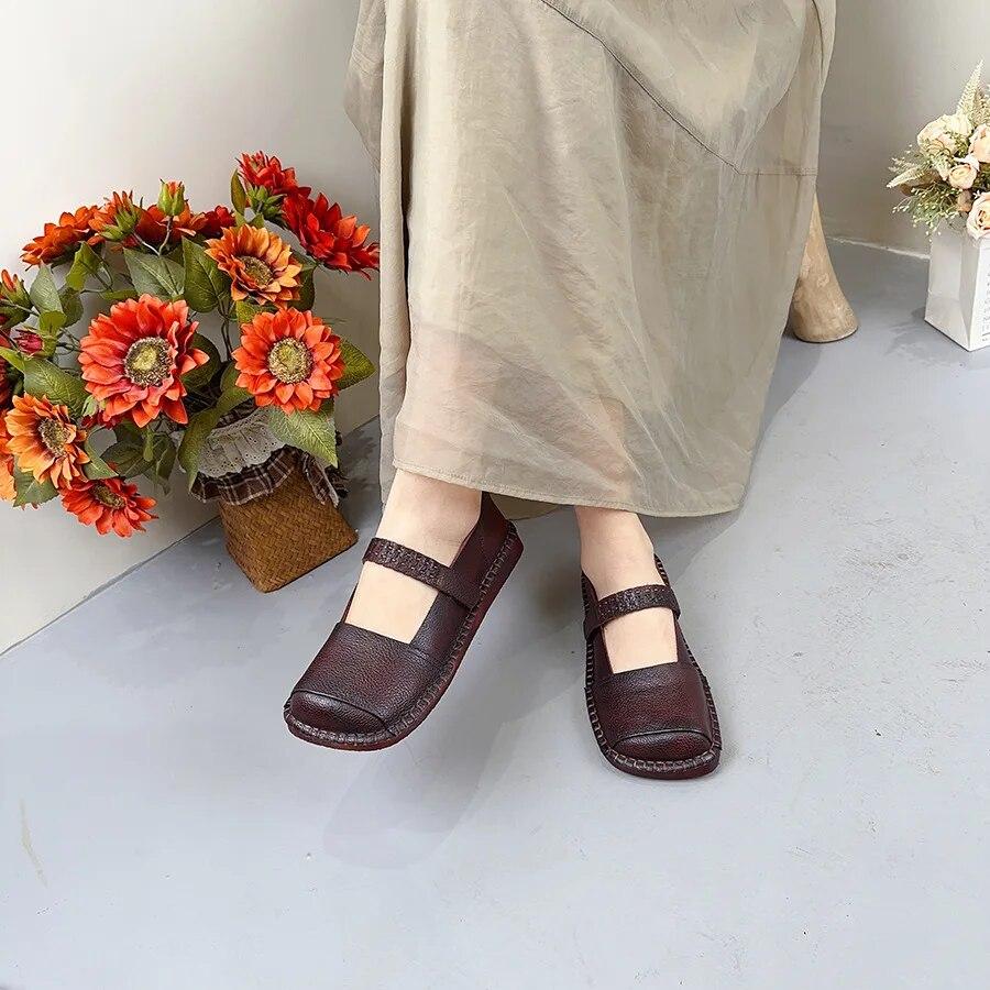 Johnature Pantofi plati cu varf patrat din piele naturala de culoare solida Pantofi de dama retro din piele de vaci cu carlig si bucla