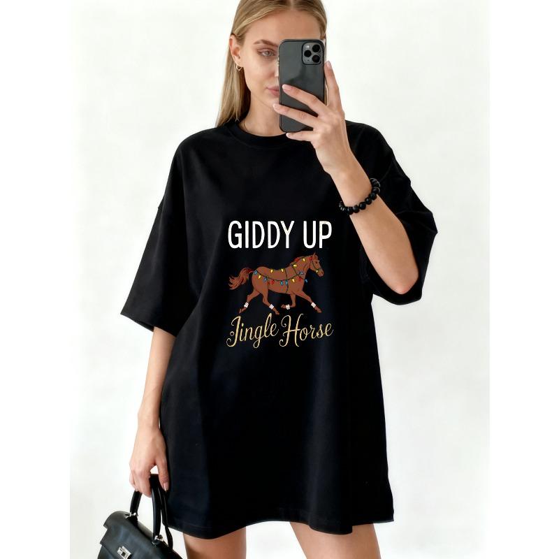 Schwarzes Oversized-T-Shirt mit Giddy Up Jingle Horse Print für Freizeitkleidung und die Feiertagssaison